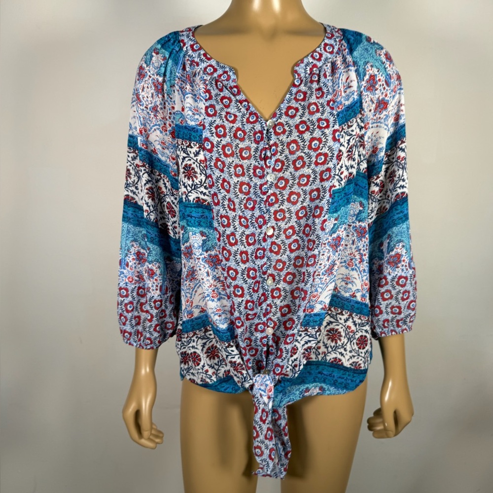Fig & Flower Women’s Size Medium Multicolor Button Tie Front Blouse